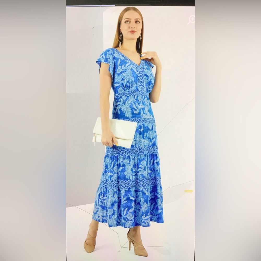 Lauren Ralph Lauren Size 22W Blue White/Blue Floral Peasant Flow Midi Flutter Sl